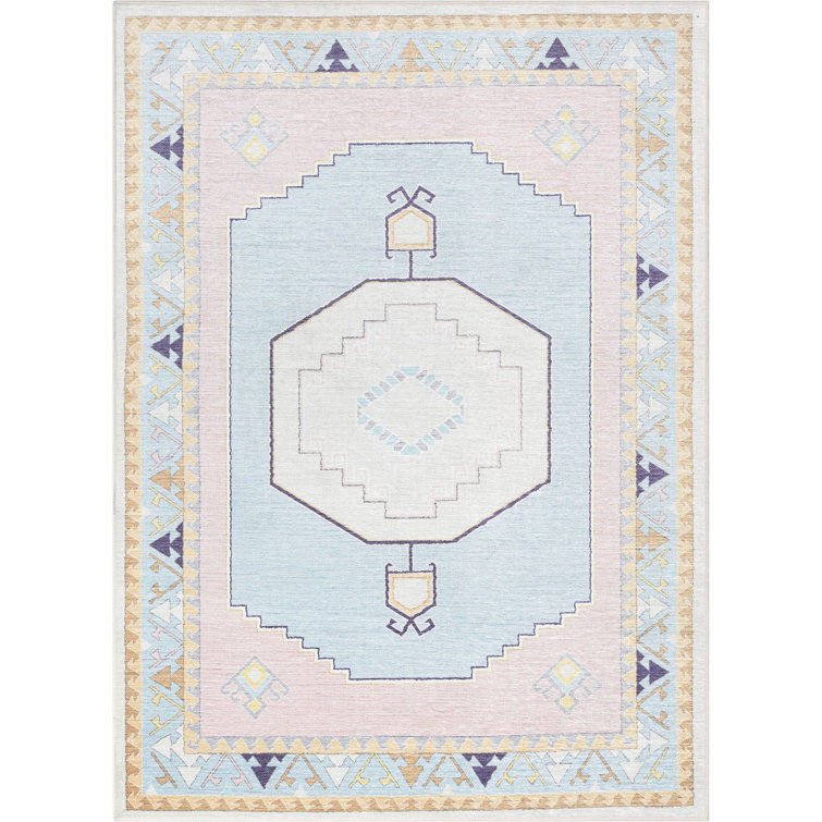 Apollo Pink and Light Blue Medallion Kids 6' x 9' Synthetic Rug