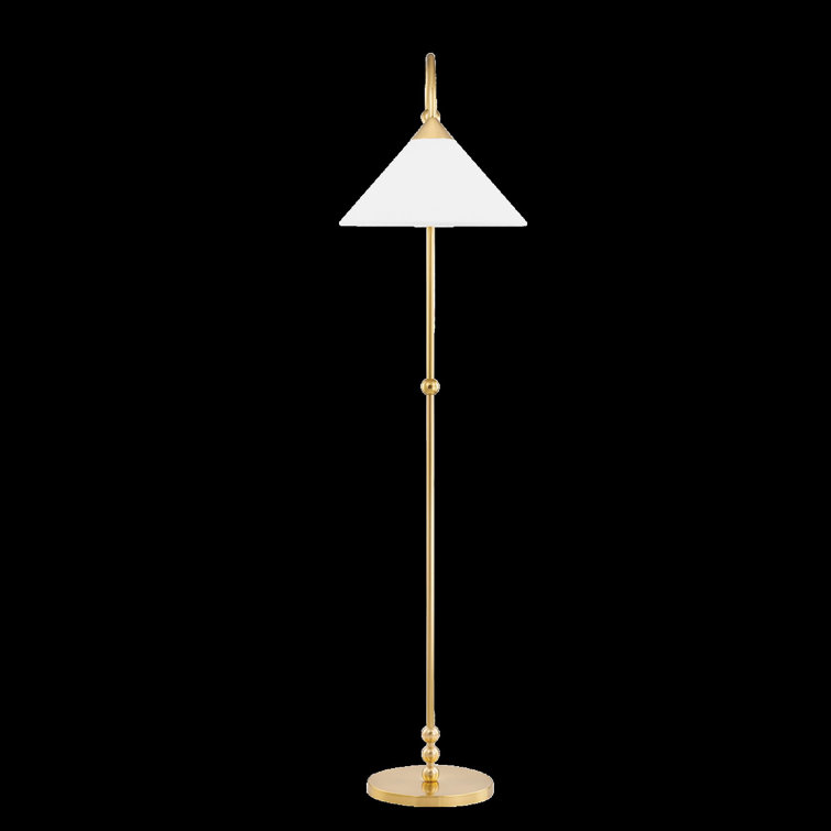 Talise Aged Brass Arc Floor Lamp with White Linen Shade