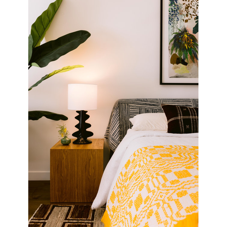 Gloss Black Ceramic Table Lamp with White Linen Shade