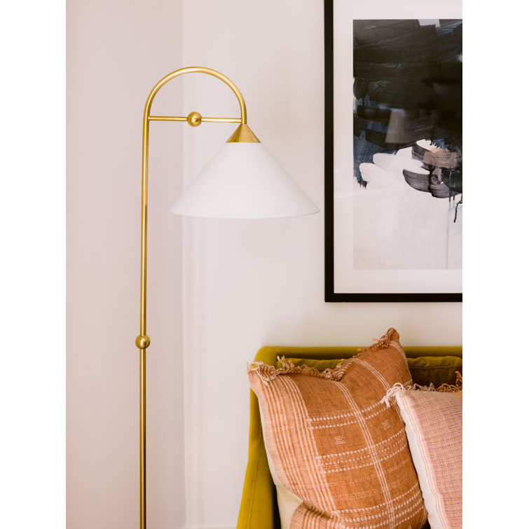 Talise Aged Brass Arc Floor Lamp with White Linen Shade
