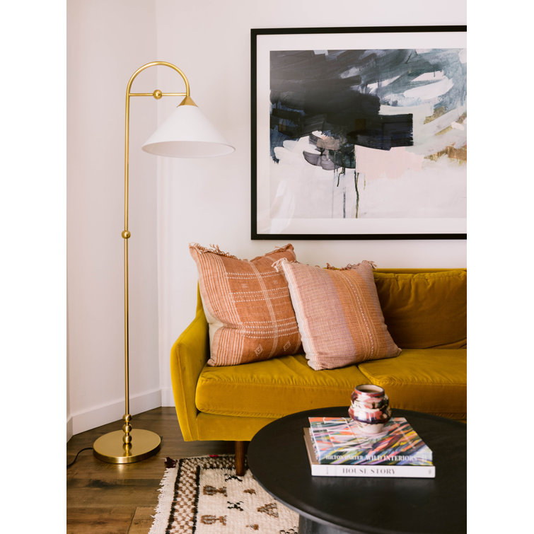 Talise Aged Brass Arc Floor Lamp with White Linen Shade