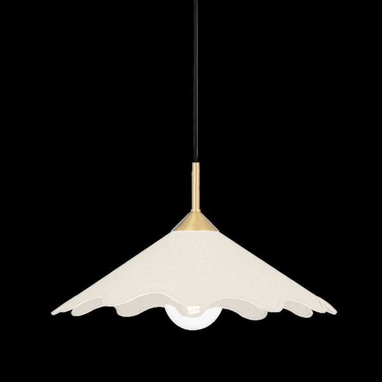 Elegant Scalloped Edge Linen & Aged Brass 20" Pendant Light