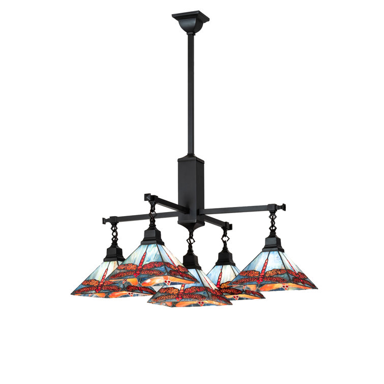Craftsman Brown Coral & Blue Stained Glass 5-Light Chandelier
