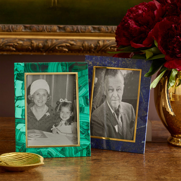 Emerald and Forest Malachite Mosaic Picture Frame with Brass Edging