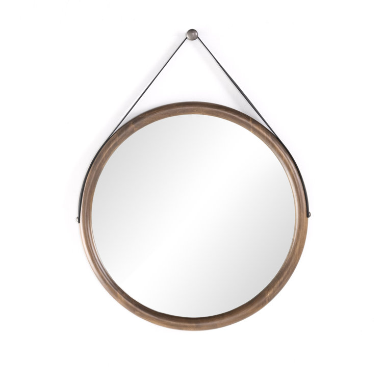 Auburn Poplar and Black Leather Round Wall Mirror with Iron Hardware