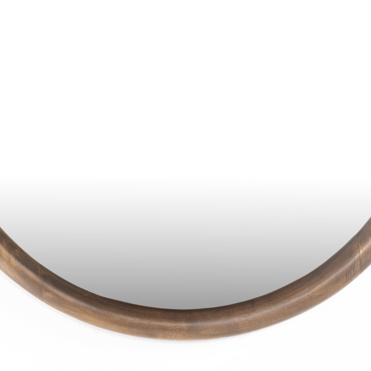Auburn Poplar and Black Leather Round Wall Mirror with Iron Hardware