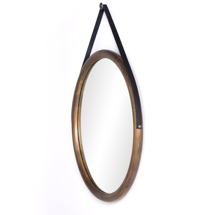 Auburn Poplar and Black Leather Round Wall Mirror with Iron Hardware