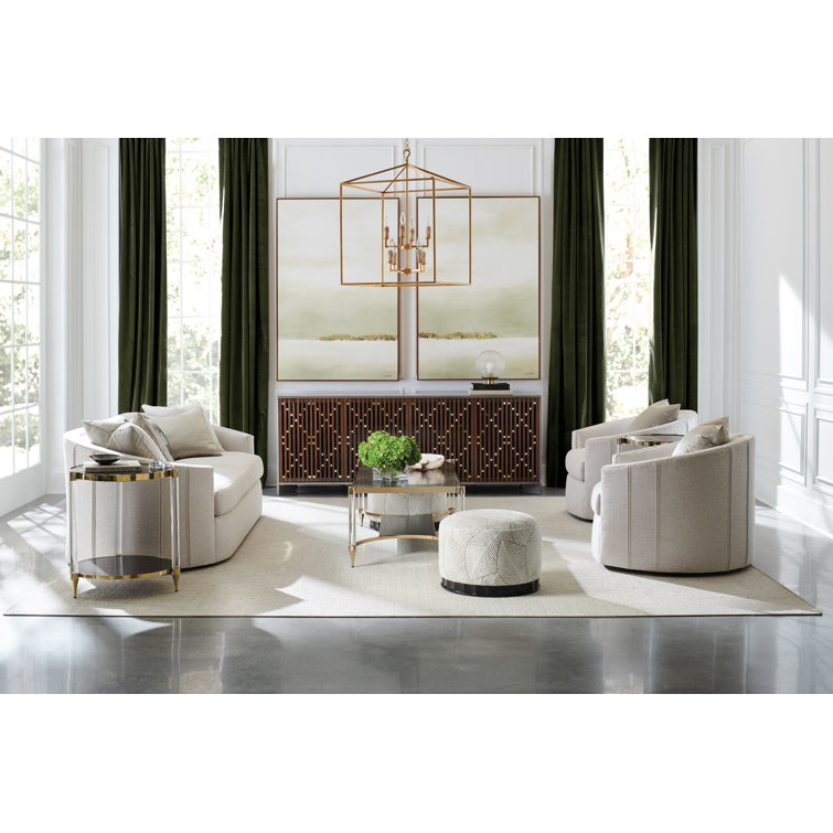 Beige Velvet Round Ottoman with Scalloped Wood Base