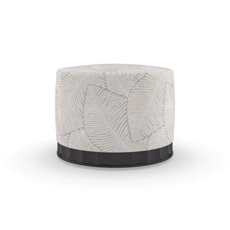 Beige Velvet Round Ottoman with Scalloped Wood Base