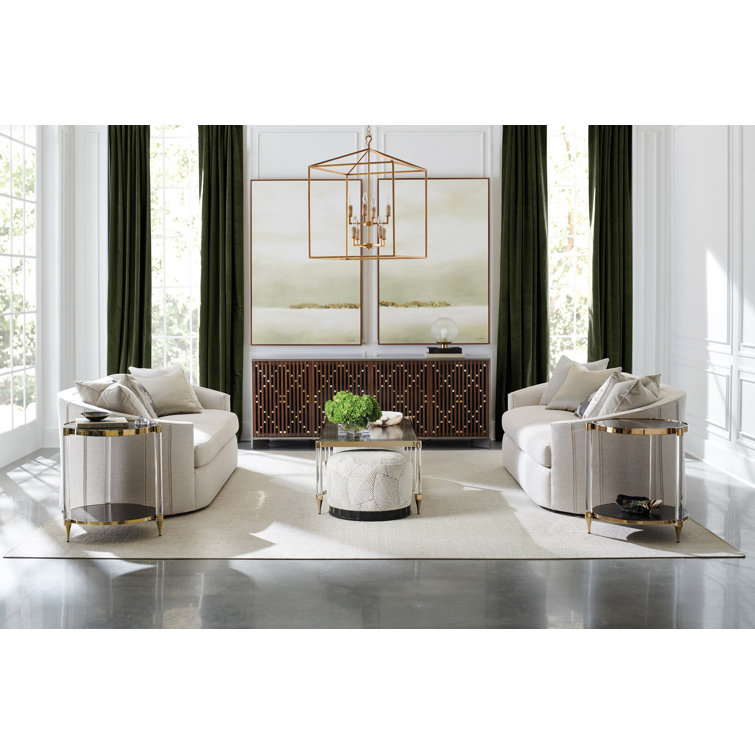 Beige Velvet Round Ottoman with Scalloped Wood Base