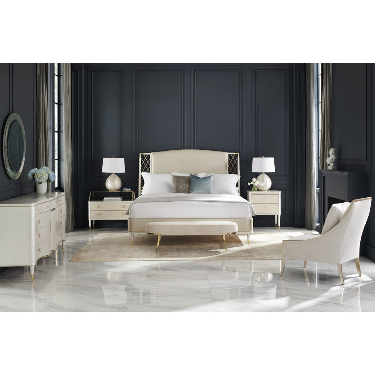 Oval Beige Upholstered Bench with Gold Metal Legs