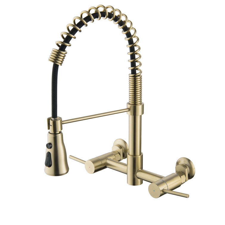 Brushed Gold Wall-Mounted Kitchen Faucet with Pull-Out Spray