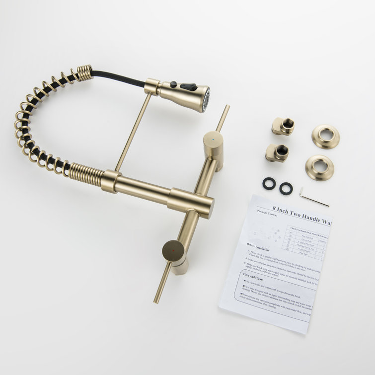 Brushed Gold Wall-Mounted Kitchen Faucet with Pull-Out Spray