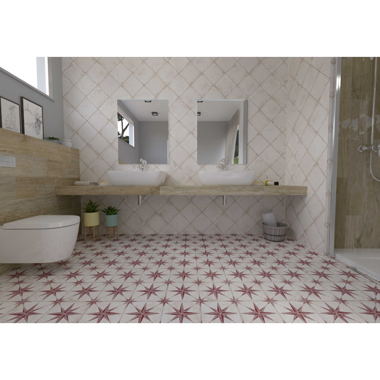 8.86'' Square Red and White Porcelain Patterned Tile