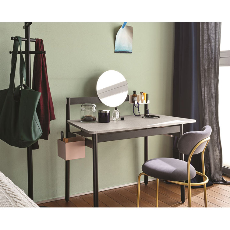 Natural Wood and Graphite Vanity Desk with Accessories