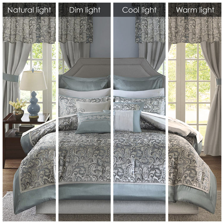 Teal and Gray Floral Motif California King Bedding Set