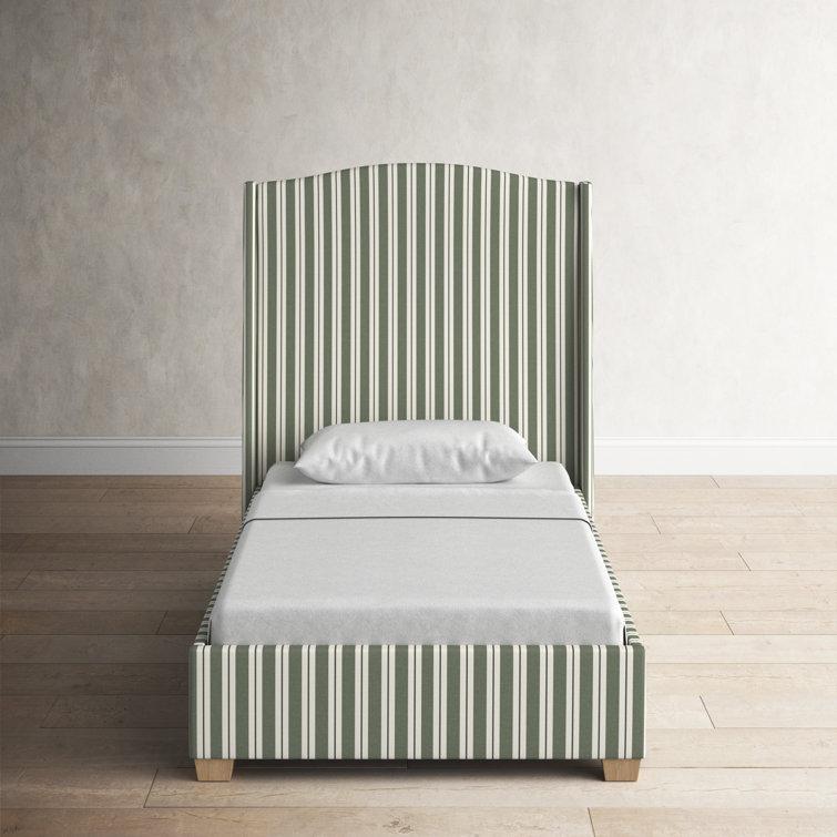 California King Green Striped Upholstered Wingback Bed