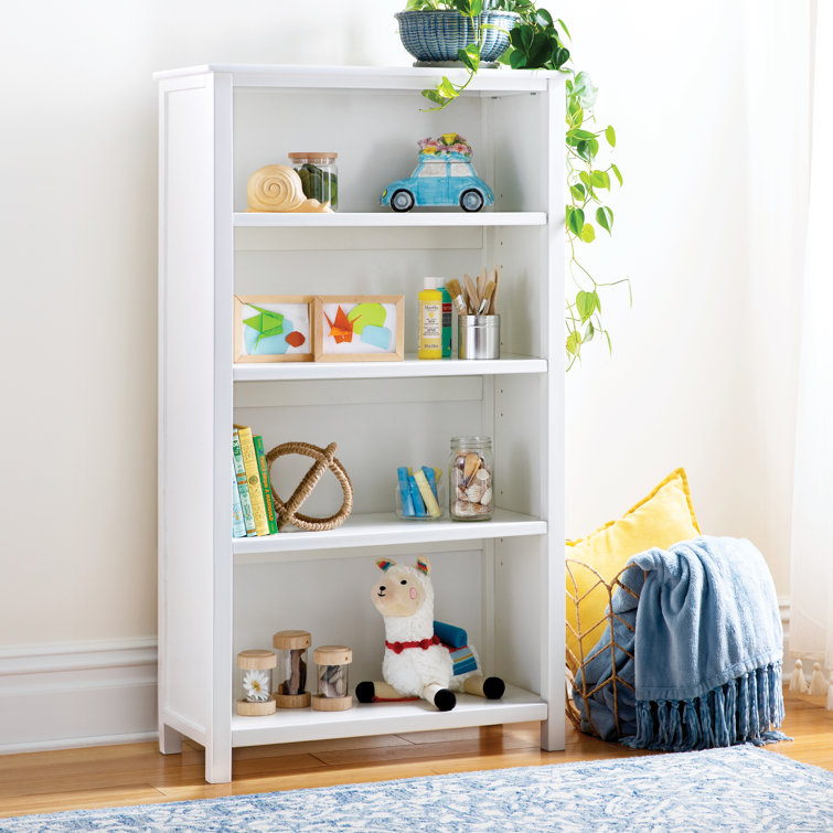 Adjustable White Wood 4-Shelf Kids' Bookcase for Toys and Books