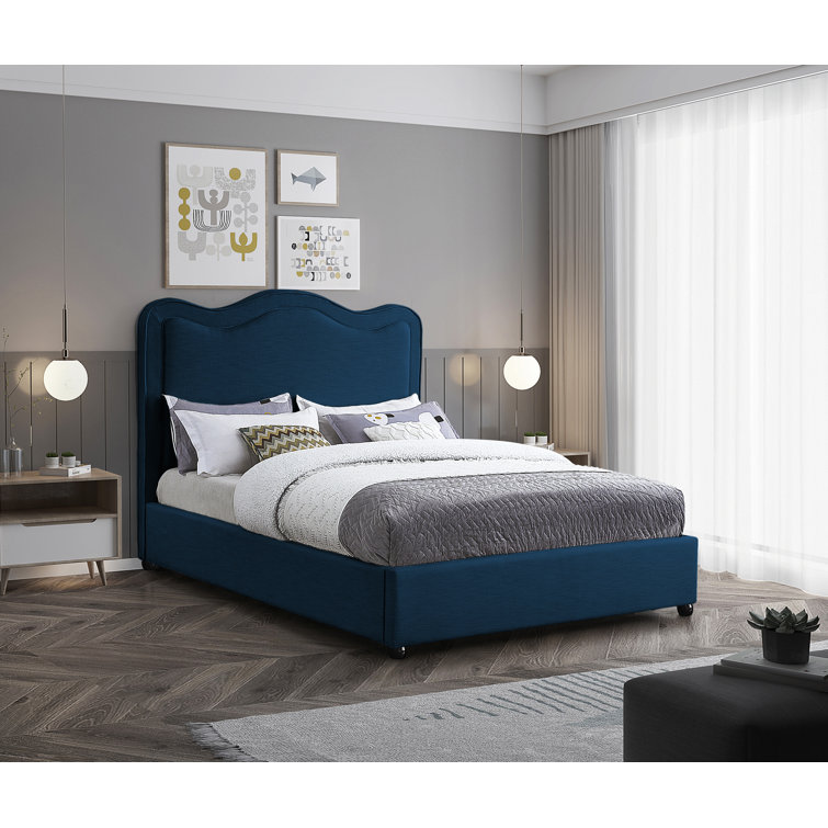 King Navy Linen Upholstered Bed with Curved Headboard