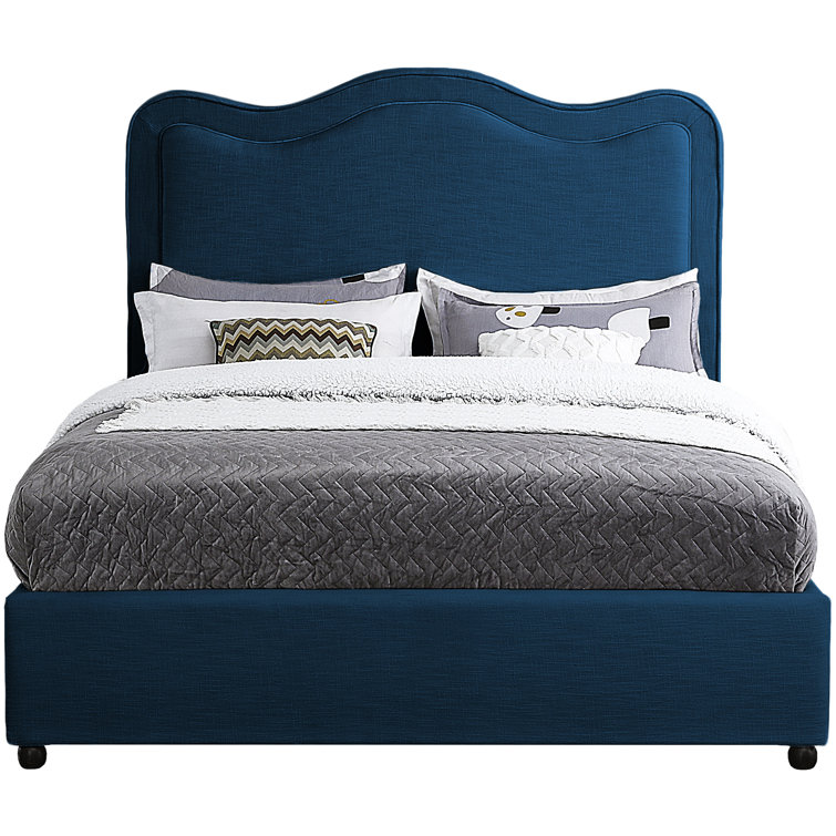 Queen Navy Linen Upholstered Bed with Curved Headboard