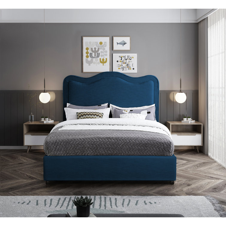 King Navy Linen Upholstered Bed with Curved Headboard