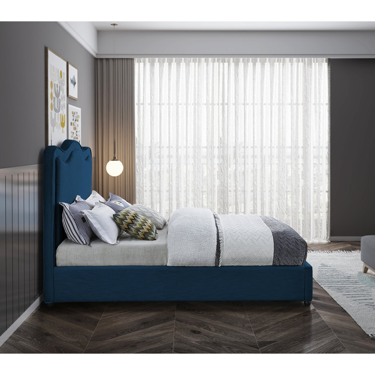 King Navy Linen Upholstered Bed with Curved Headboard