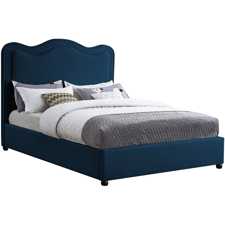 King Navy Linen Upholstered Bed with Curved Headboard