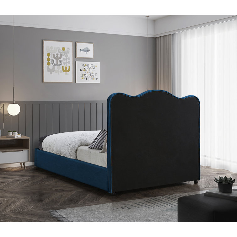 King Navy Linen Upholstered Bed with Curved Headboard