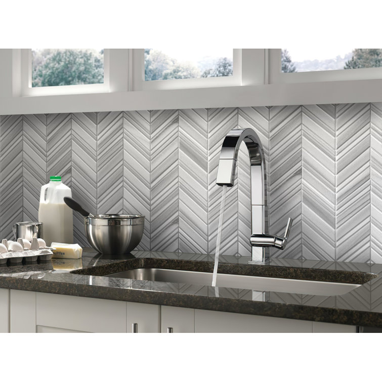 12" x 12" Gray and White Polished Marble Chevron Tile