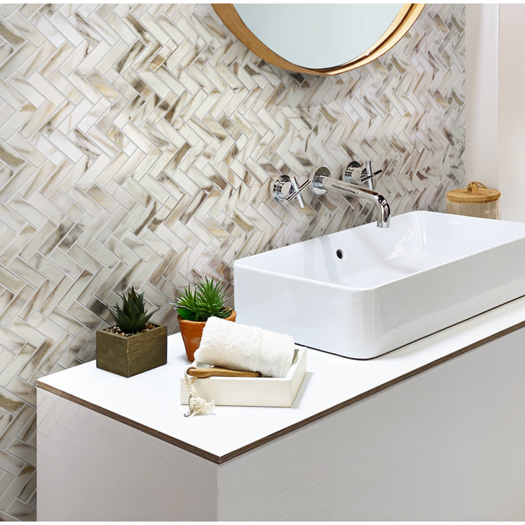 White and Beige Recycled Glass Herringbone Mosaic Tile