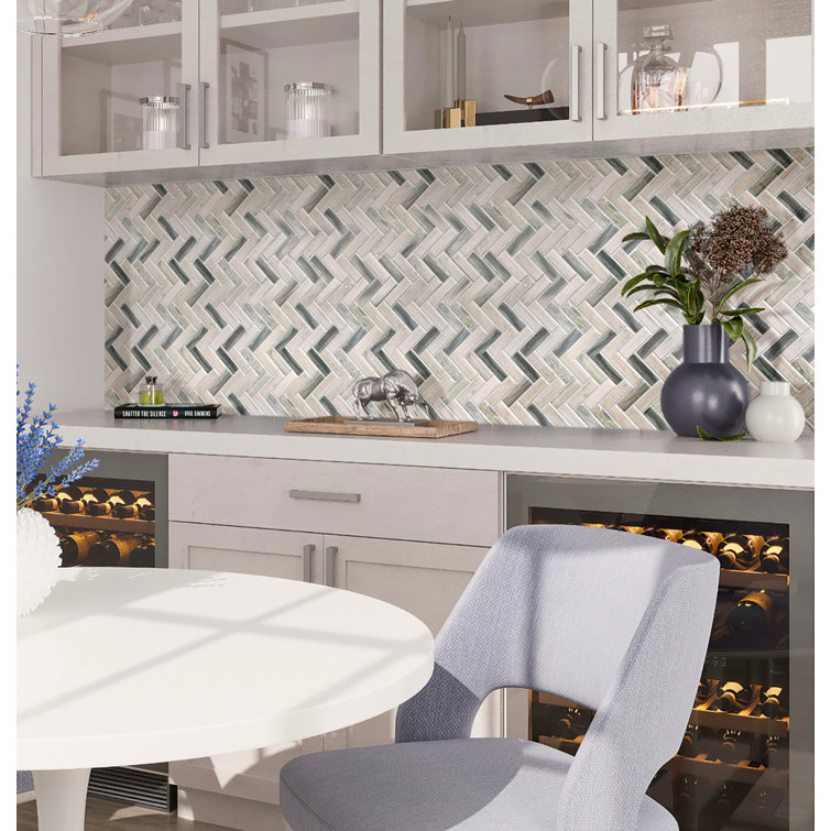 Gray Beige Recycled Glass Herringbone Mosaic Tile