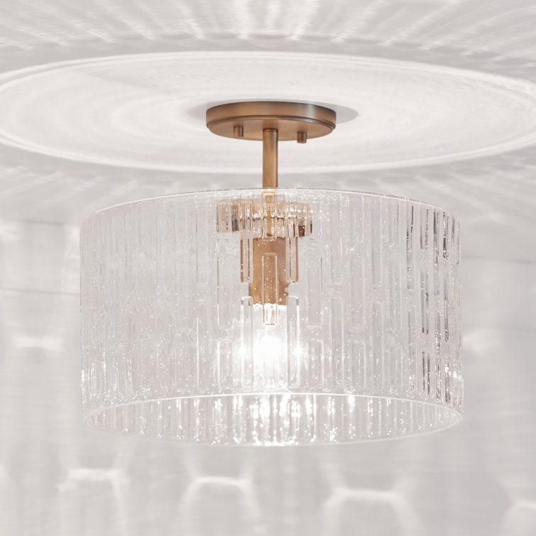 Emerson Aged Brass 1-Light Semi-Flush or Pendant with Embossed Seeded Glass