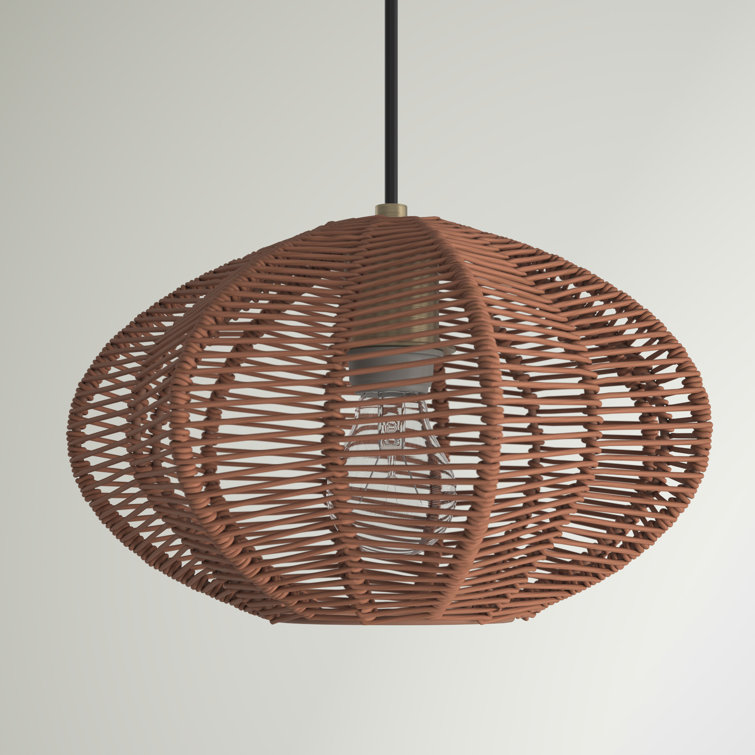 Modern 14'' Globe Pendant Light with Woven Rattan Shade, Brown