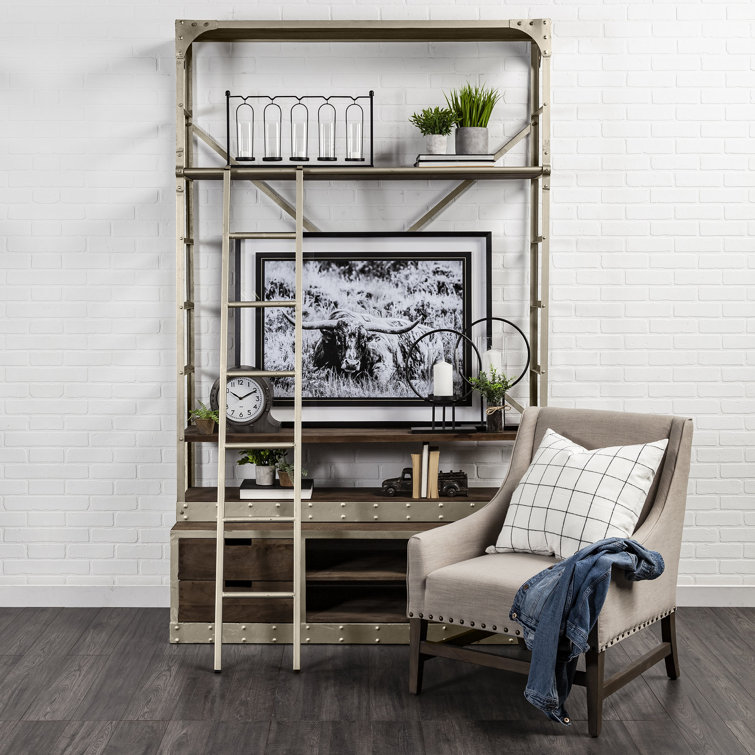 Brodie Dark Brown Wood Bookshelf with Sliding Ladder