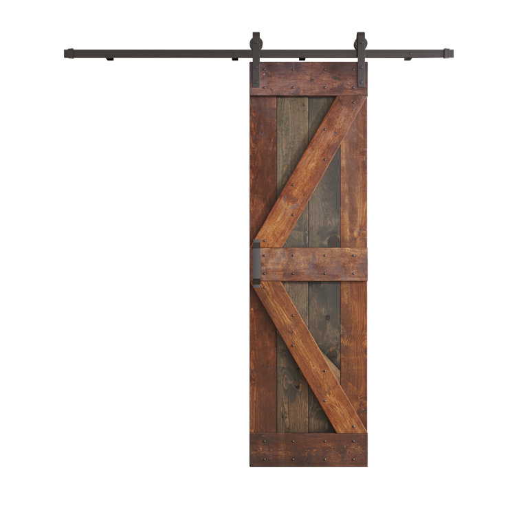 Aged Barrel Dark Walnut Pine Wood Sliding Barn Door with Steel Hardware Kit