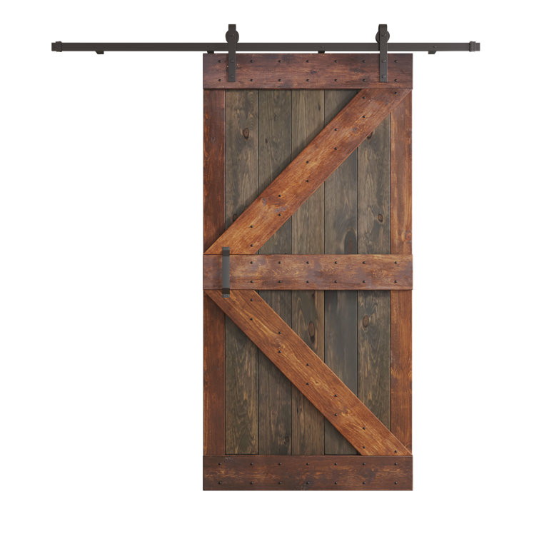 Aged Barrel and Dark Walnut Pine Wood Sliding Barn Door with Steel Hardware Kit