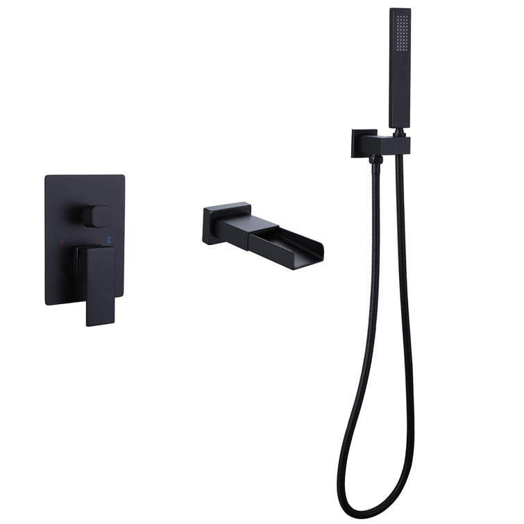 Matte Black Freestanding Waterfall Tub Faucet with Hand Shower