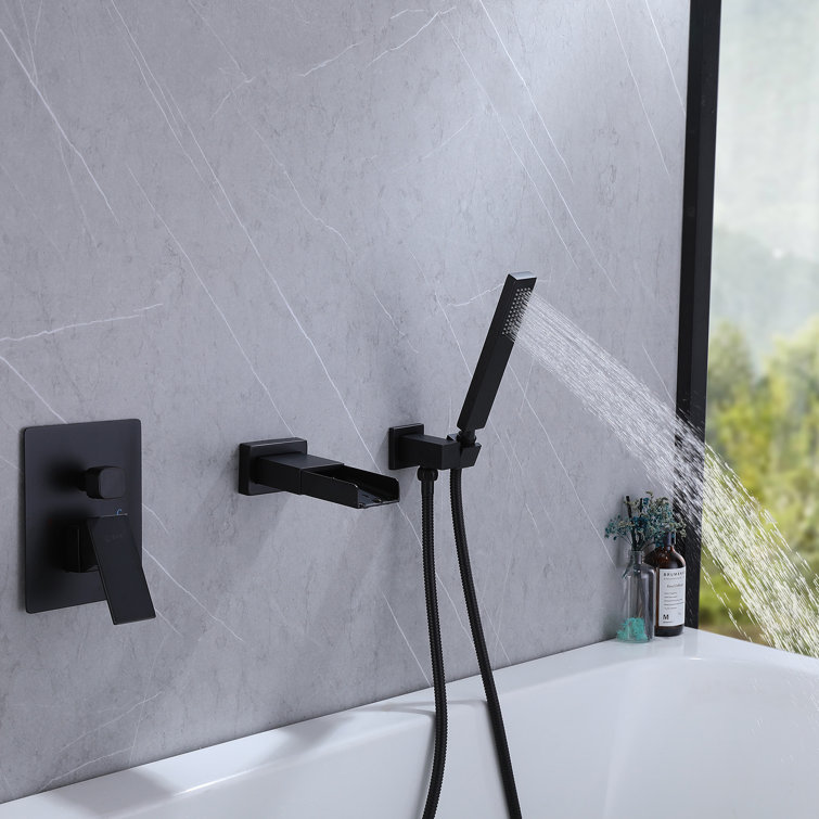 Matte Black Freestanding Waterfall Tub Faucet with Hand Shower