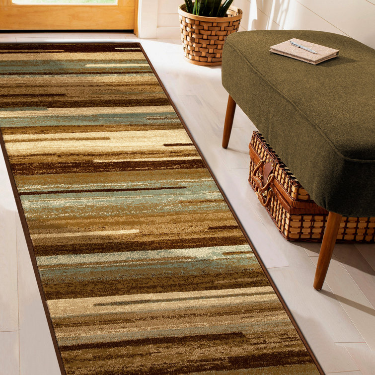 Taupe and Brown Striped Synthetic Runner Rug, 2'7"x8'