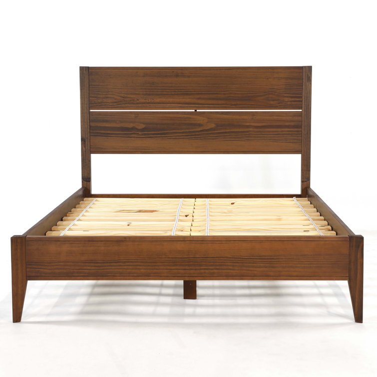 Brushed Walnut Full Size Mid Century Pine Platform Bed with Drawer