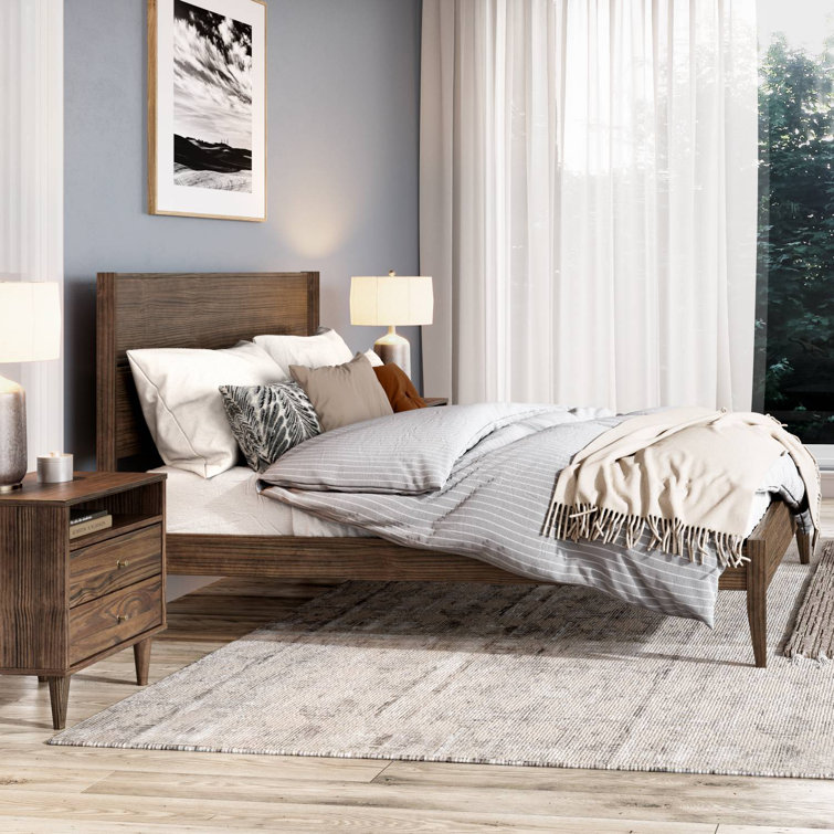 Brushed Walnut Full Size Mid Century Pine Platform Bed with Drawer