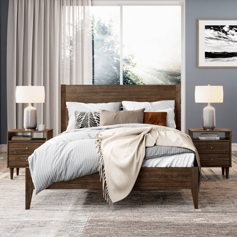 Brushed Walnut Full Size Mid Century Pine Platform Bed with Drawer