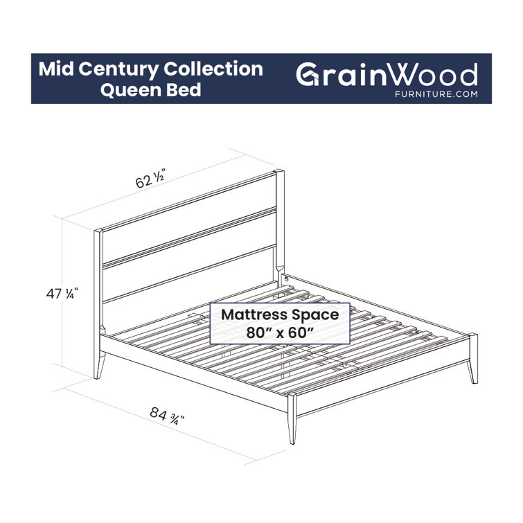Queen Brushed Walnut Pine Wood Platform Bed with Headboard and Drawer