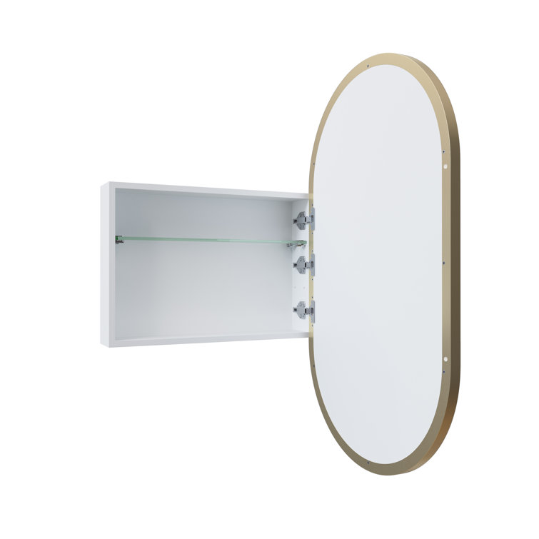 Satin Brass Oval Recessed Medicine Cabinet with Mirror