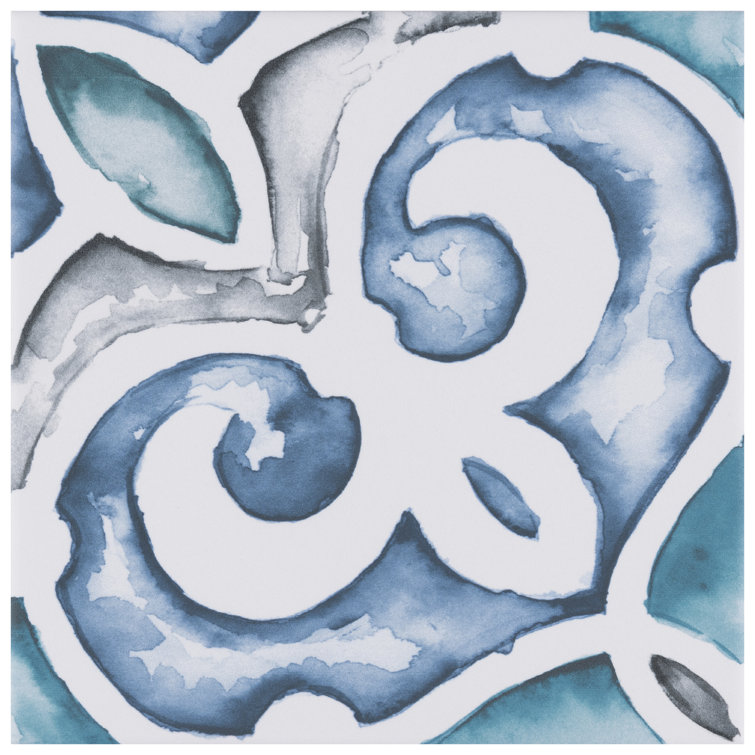 Saint Germain 5.75" Blue and White Hand-Painted Porcelain Tile