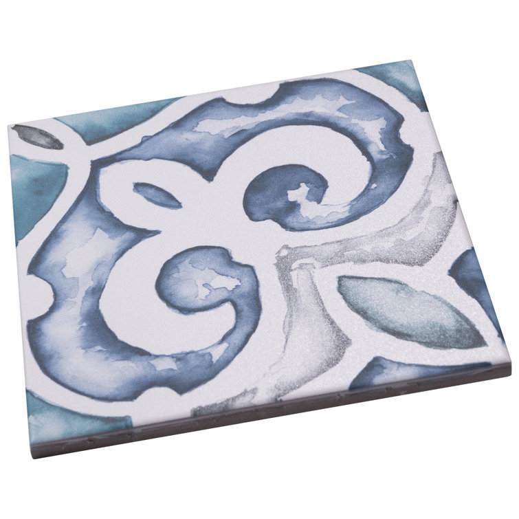 Saint Germain 5.75" Blue and White Hand-Painted Porcelain Tile