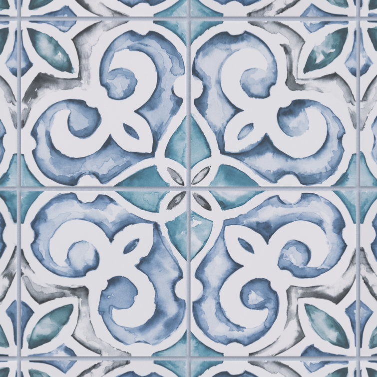 Saint Germain 5.75" Blue and White Hand-Painted Porcelain Tile