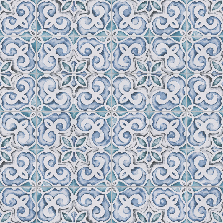 Saint Germain 5.75" Blue and White Hand-Painted Porcelain Tile
