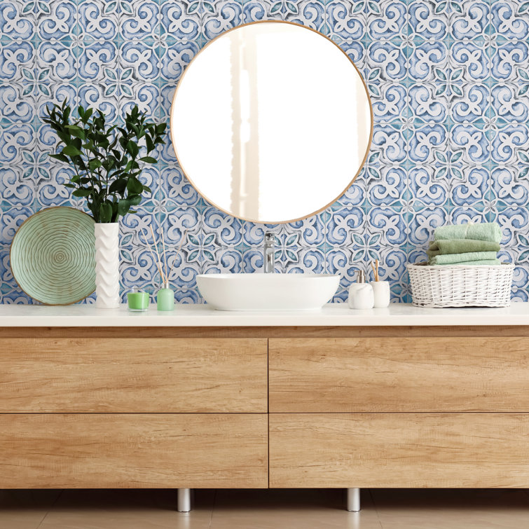 Saint Germain 5.75" Blue and White Hand-Painted Porcelain Tile