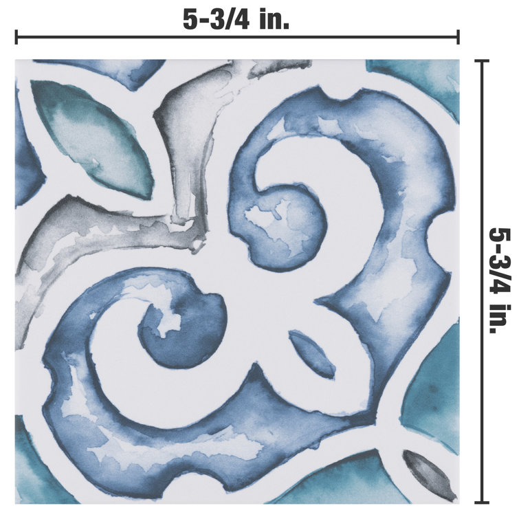 Saint Germain 5.75" Blue and White Hand-Painted Porcelain Tile